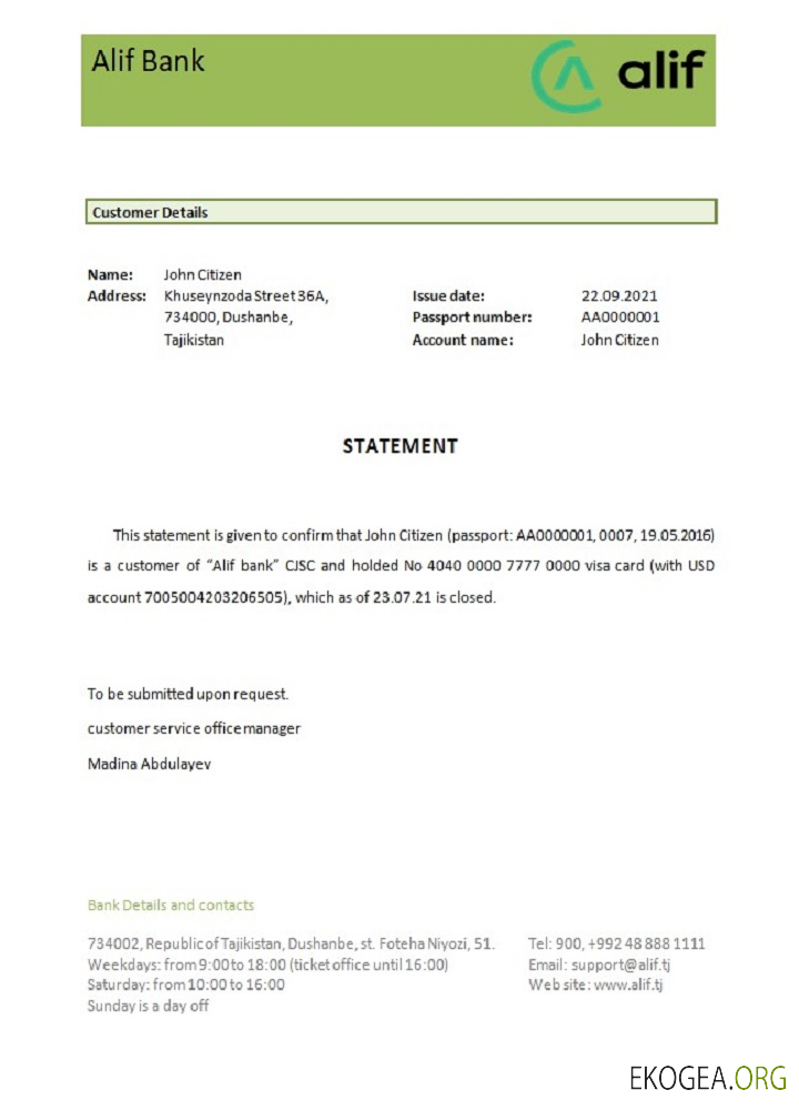 Tadjikistan , Alif bank , closure référence